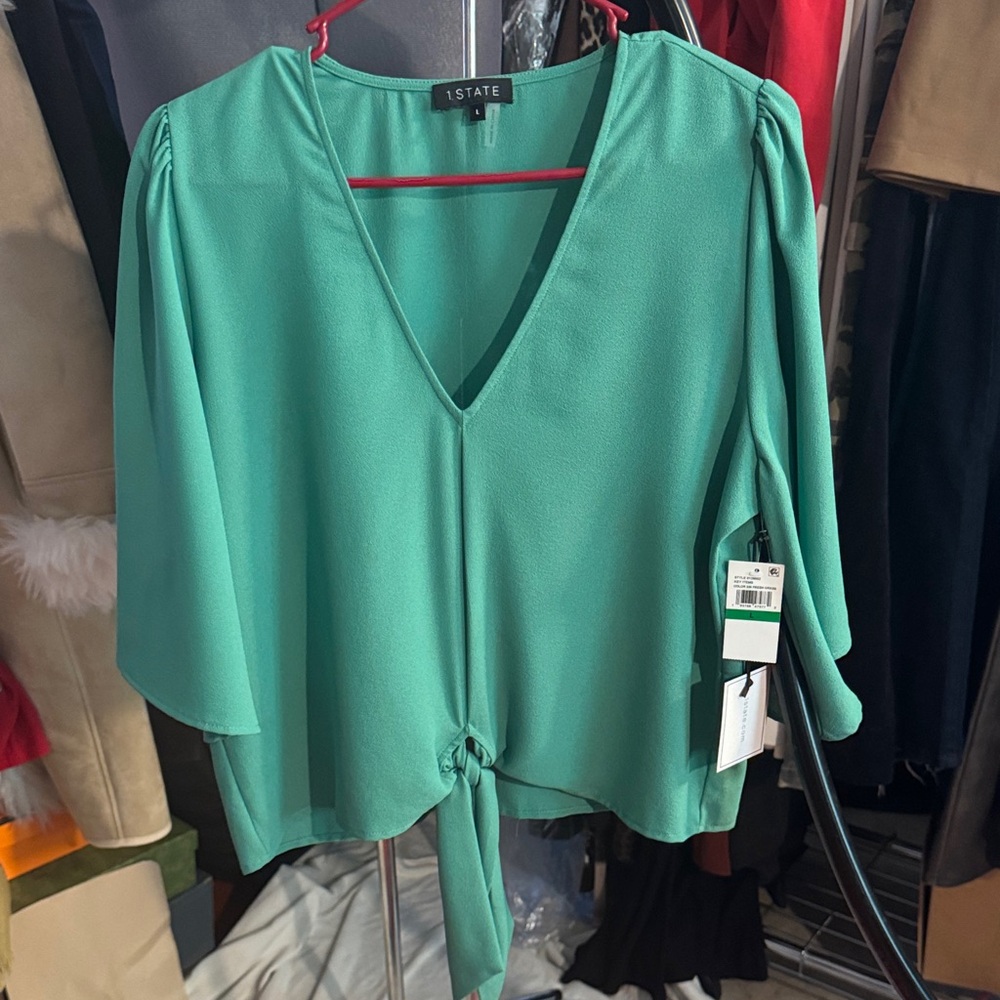 1. State Women's Green V-Neck Blouse, Tie Front NWT size L